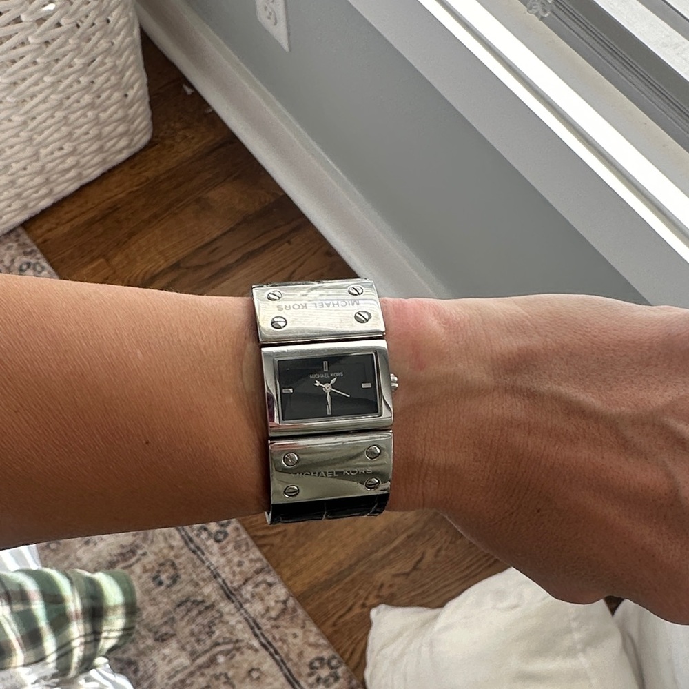 Michael Kors Silver and Black Rectangular Watch
